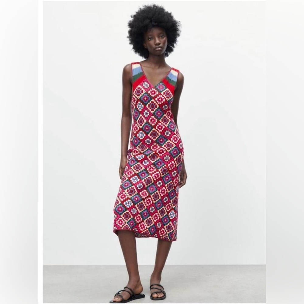 Zara Boho Multicolored Crocheted V-Neck Midi Dress-Size S NWT